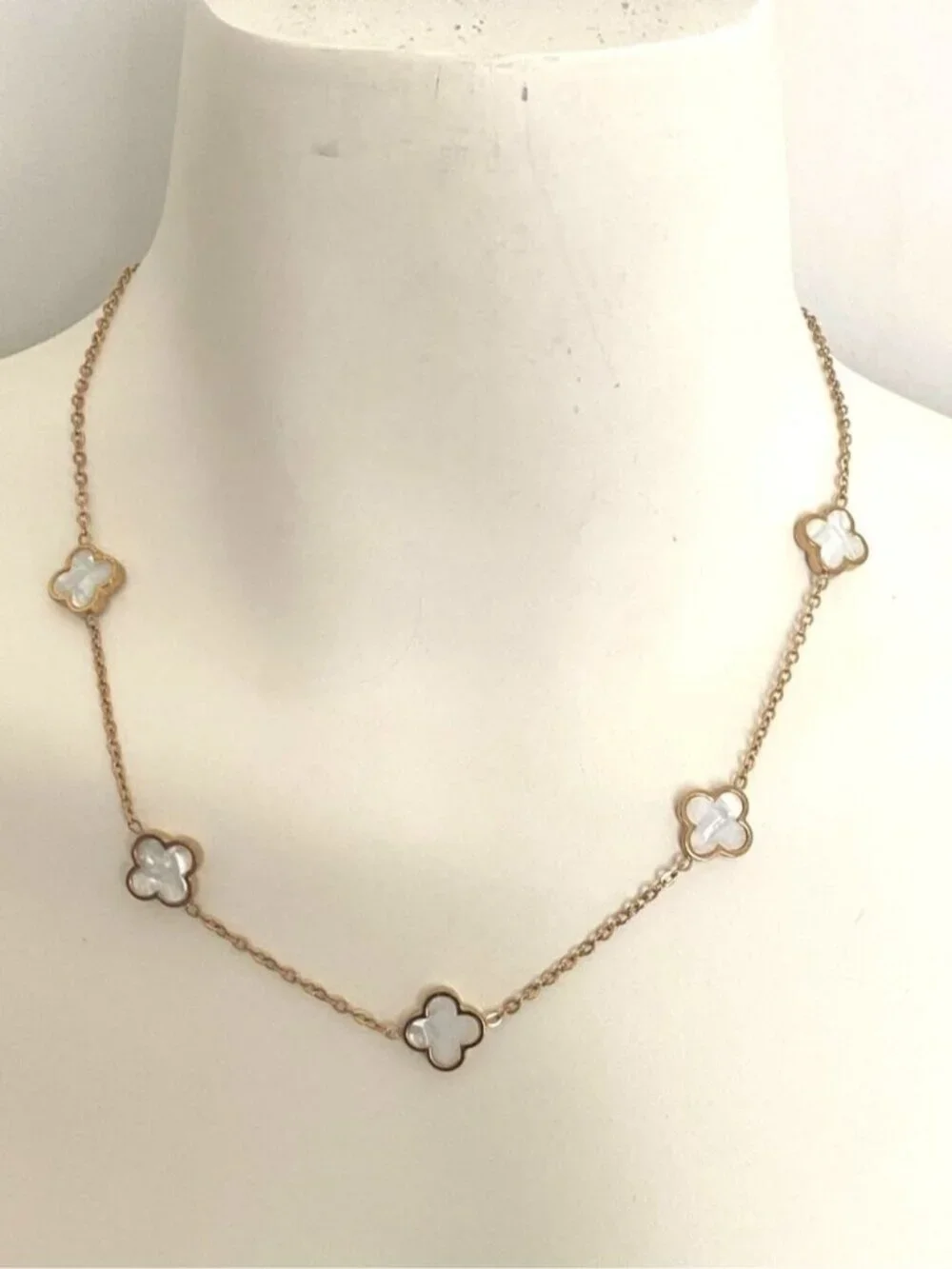 White Enamel Multiple Clover Necklace 18K Gold PVD Hypoallergenic NEW